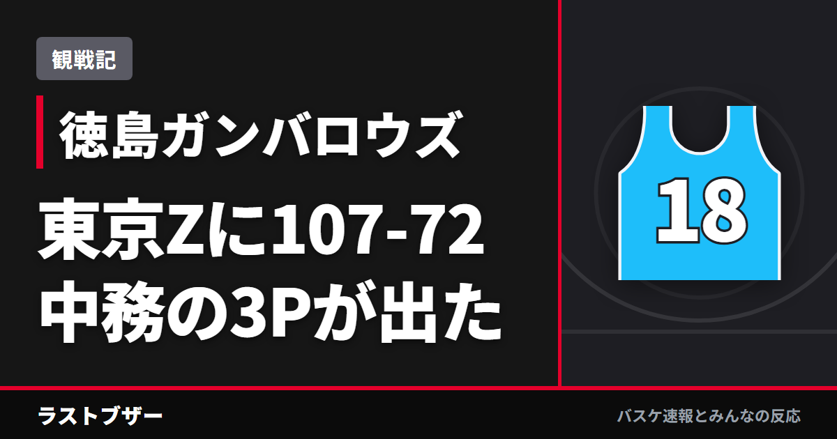 【バスケ徳島ガンバロウズ】東京Zに107-72で4連勝、中務の3Pが飛び出した大勝(2025-26観戦記)