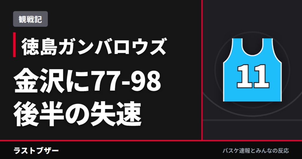 【バスケ徳島ガンバロウズ】金沢に77-98、バートンの3P5本と後半の失速で完敗(2025-26観戦記)