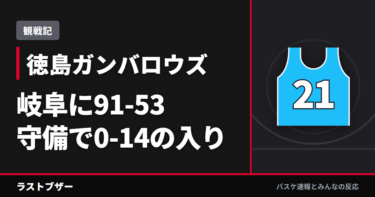 【バスケ徳島ガンバロウズ】岐阜に91-53、アダムス復帰戦と4分30秒を0点に封じた守備(2025-26観戦記)